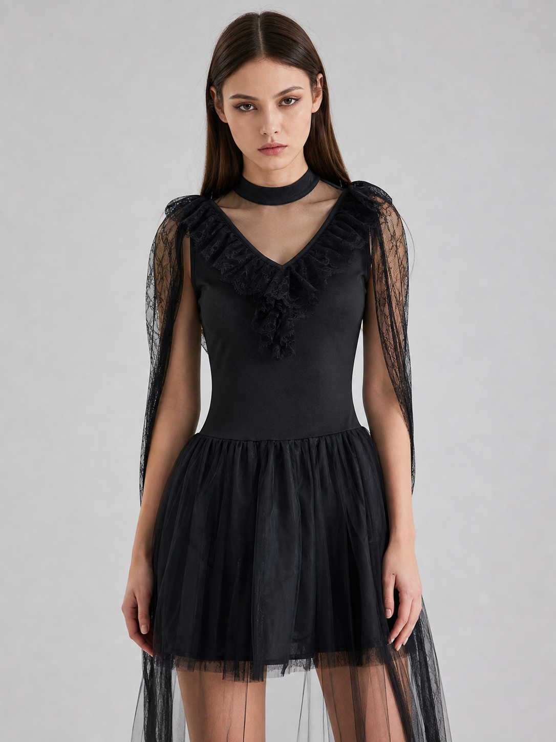 Gothic Dress with Veil and Long Gloves