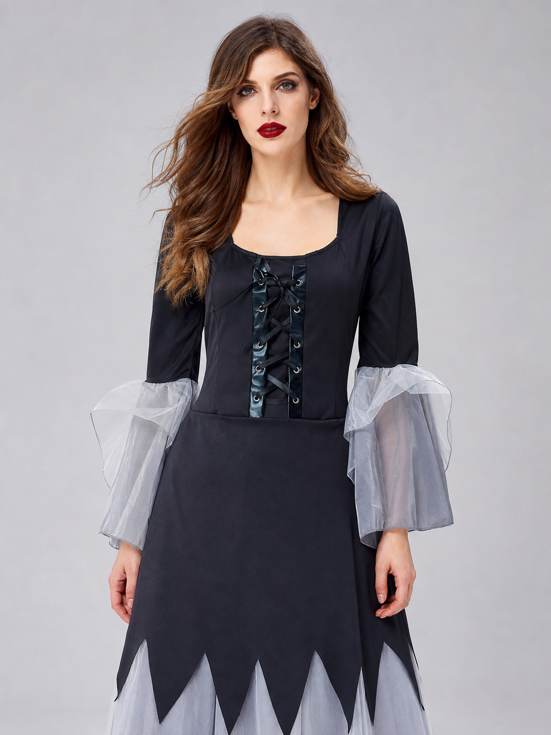 Gothic Black and Gray Lace-Up Cosplay Dress
