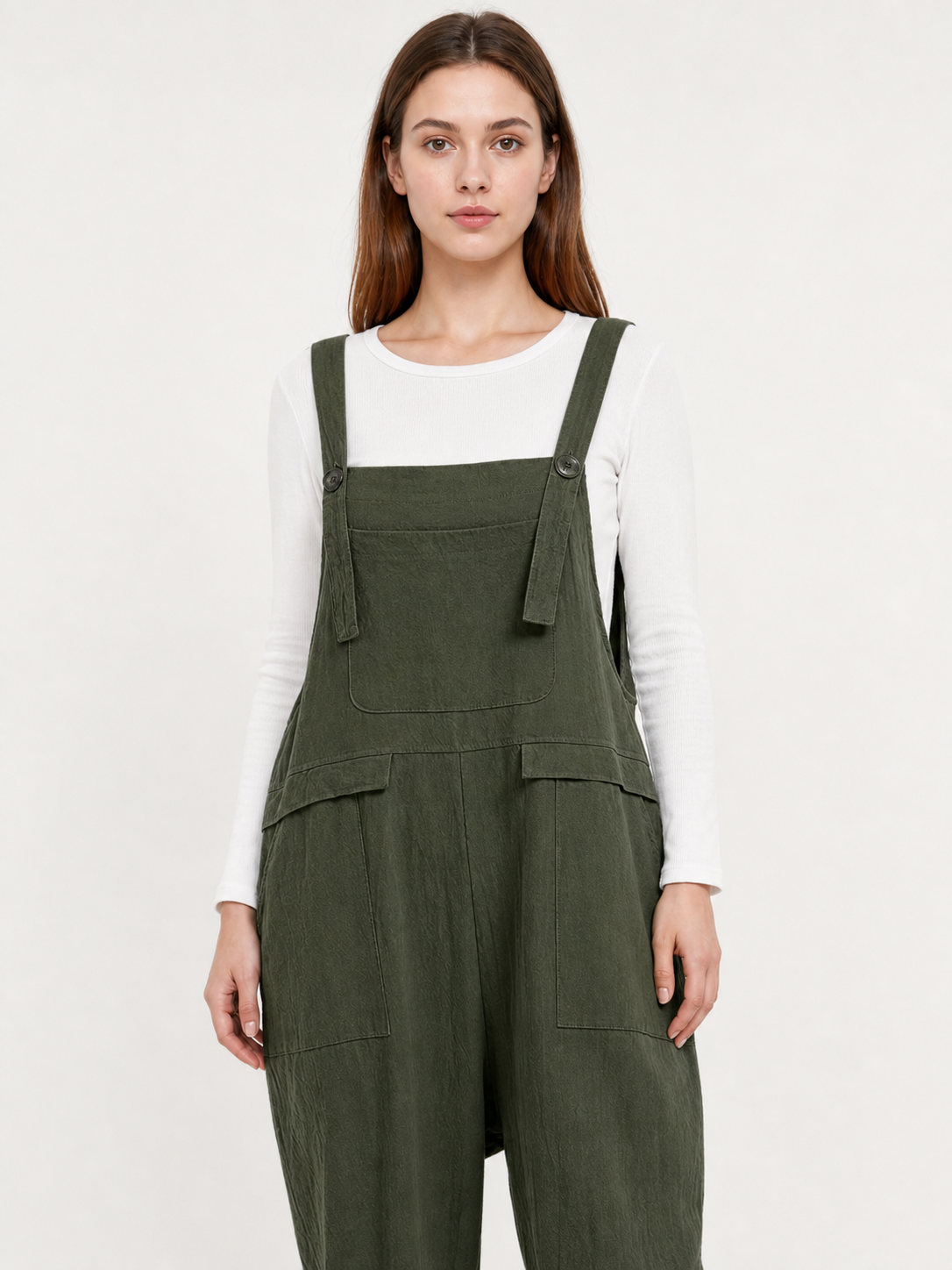 Straight-Leg Dark Green Bib Pants with Straps and Pockets