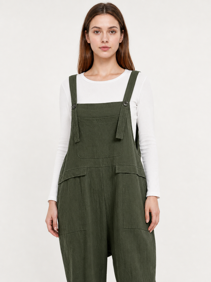 Straight-Leg Dark Green Bib Pants with Straps and Pockets
