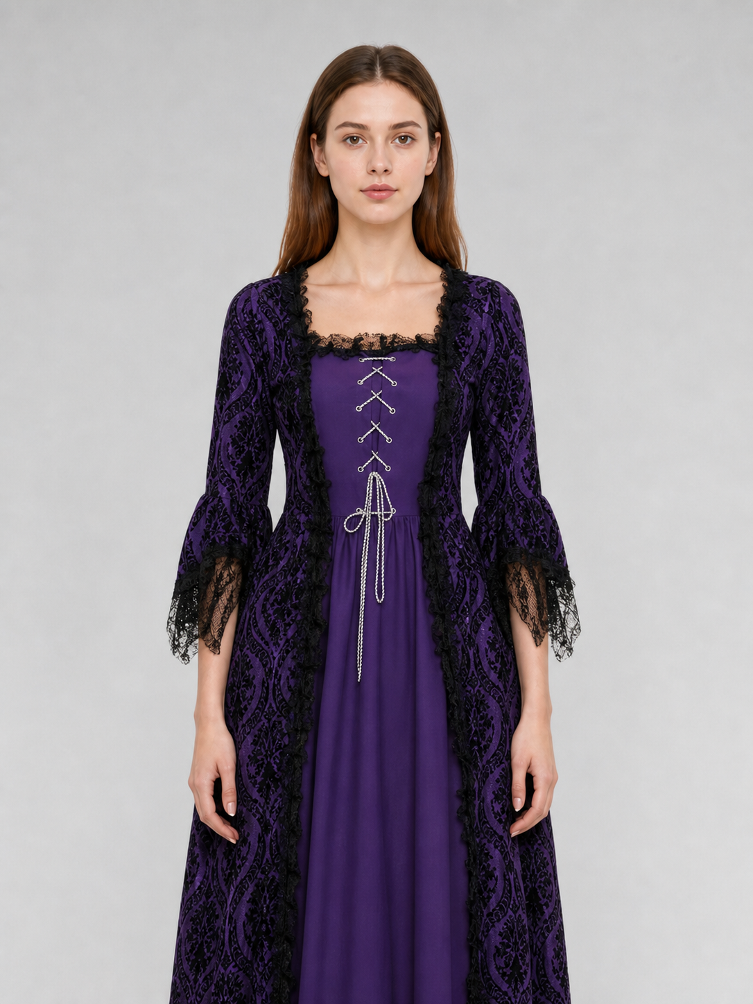 Long Renaissance-Style Dress with Lace Sleeves