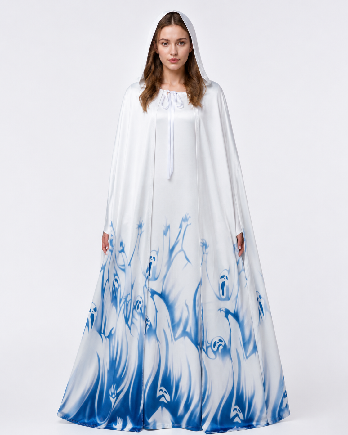 Long Hooded Robe, White with Blue Print product detail 2