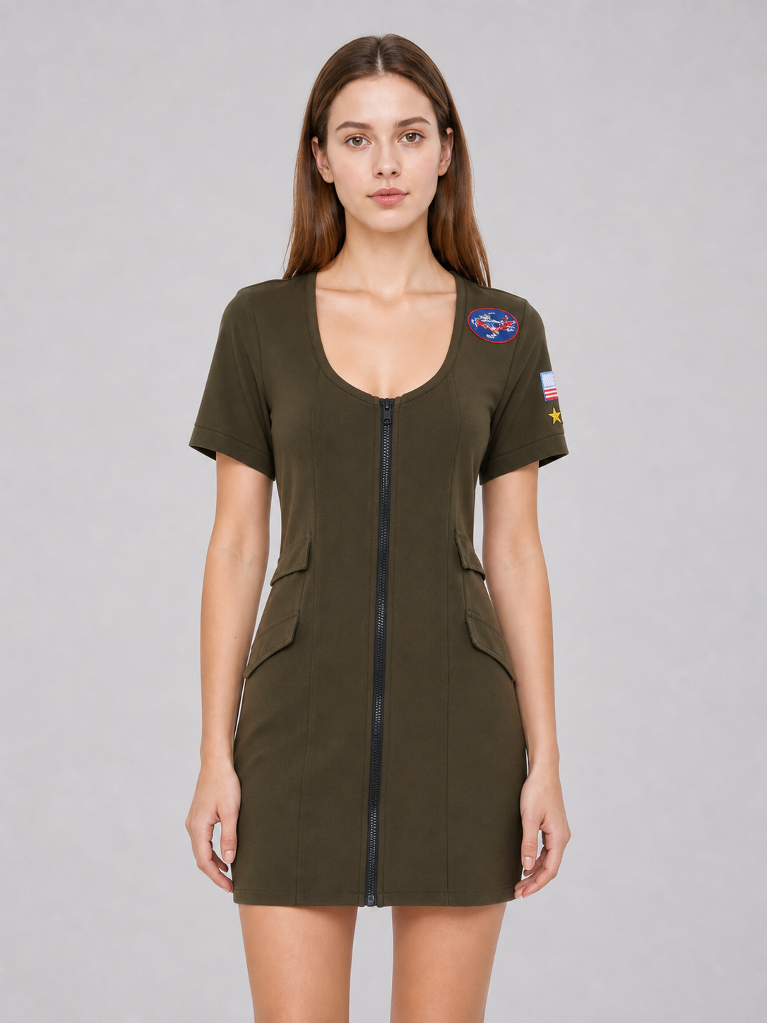 Military-Style Mini Dress with Zipper and Pockets