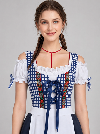 Historical national costume featuring a blue-and-white check pattern with a black lower panel. The design includes a white apron front and long blue lacing on the chest. Red-and-green ethnic patterns adorn the decorative shoulder bands, wai