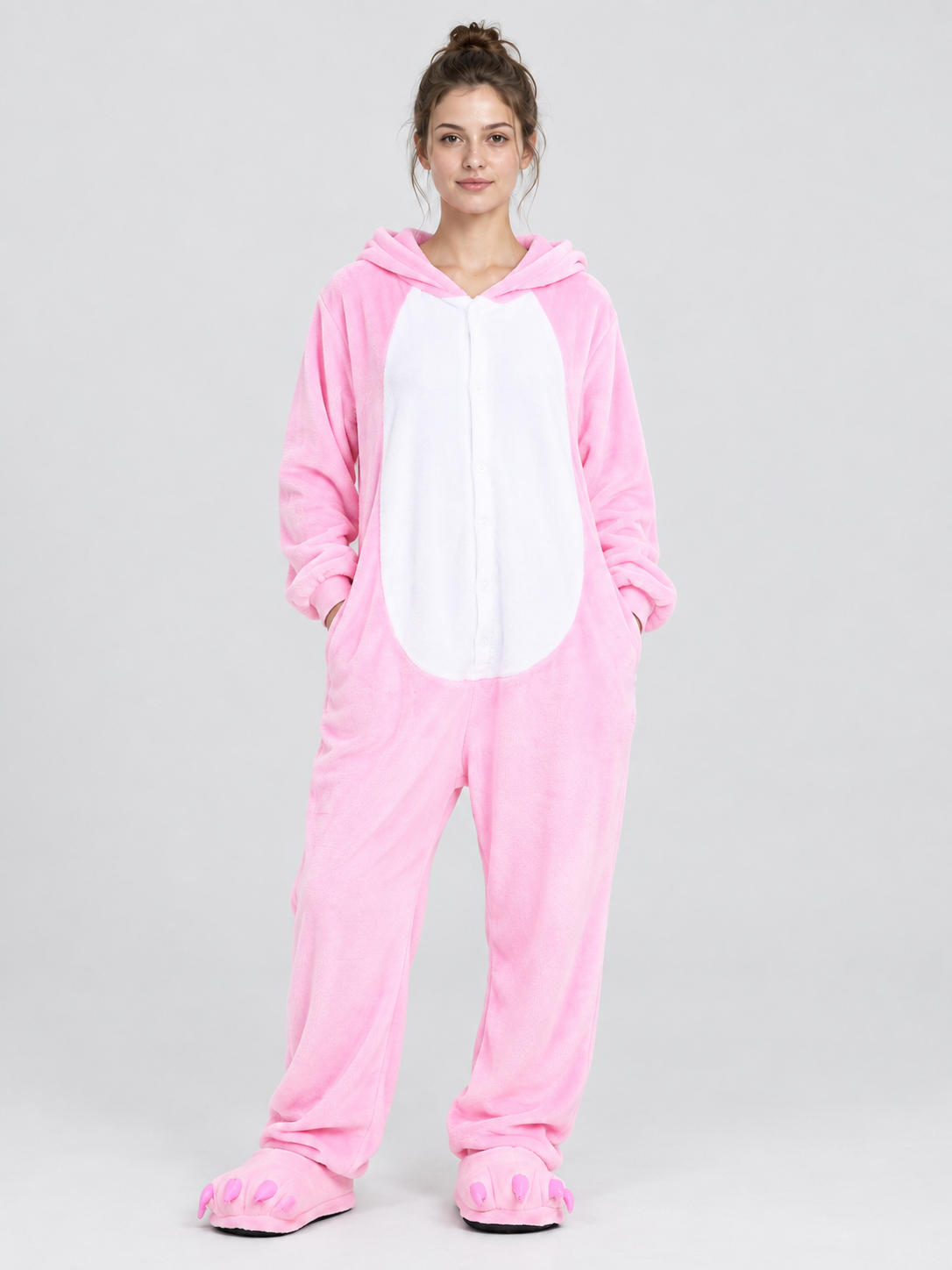 Pink hooded pajama jumpsuit with a face