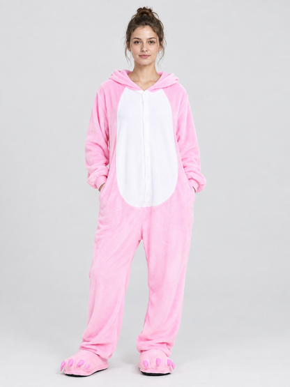 Pink hooded pajama jumpsuit with a face