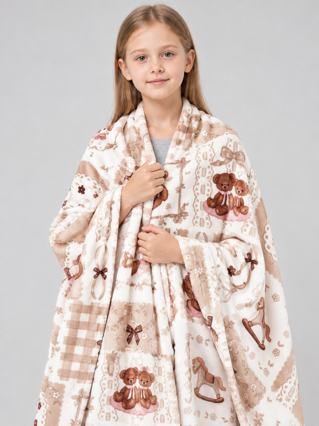 Beige fluffy blanket with teddy bear and bow print