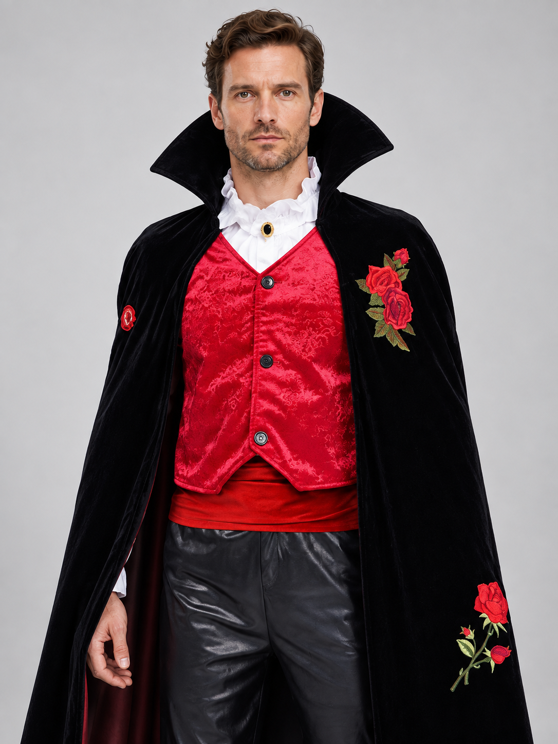 Vampire Costume with Long Cape and Red Roses Costume Capes detail 2