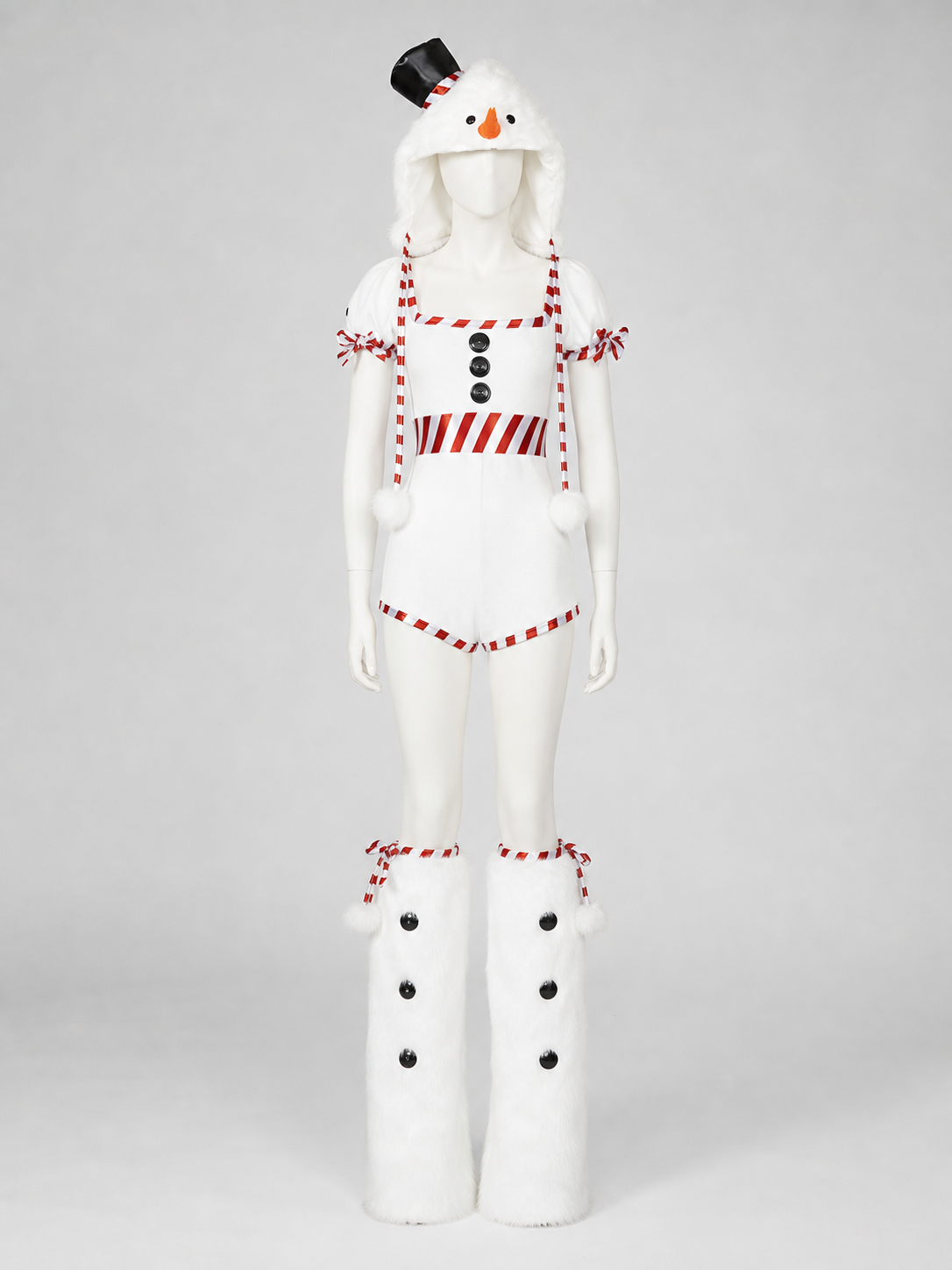 The Christmas Snowman costume is designed as a white snow character and includes a one-piece body with short sleeves and shorts, a white pointed hat, and white high leg gaiters. The design uses white, red, black, and orange colors. A red-an