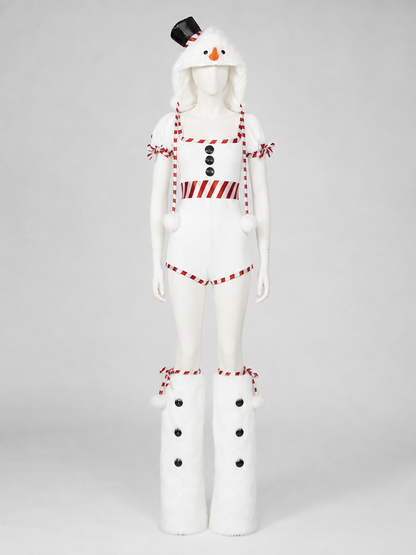 The Christmas Snowman costume is designed as a white snow character and includes a one-piece body with short sleeves and shorts, a white pointed hat, and white high leg gaiters. The design uses white, red, black, and orange colors. A red-an