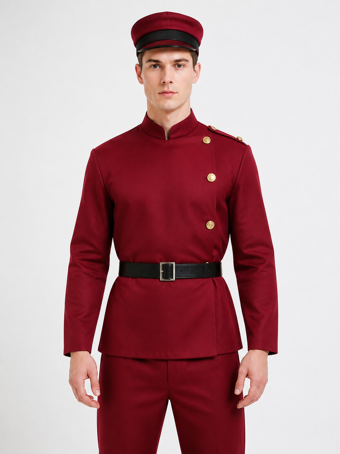 Burgundy Cosplay Costume with Hat and Belt Costume Headwear detail 3