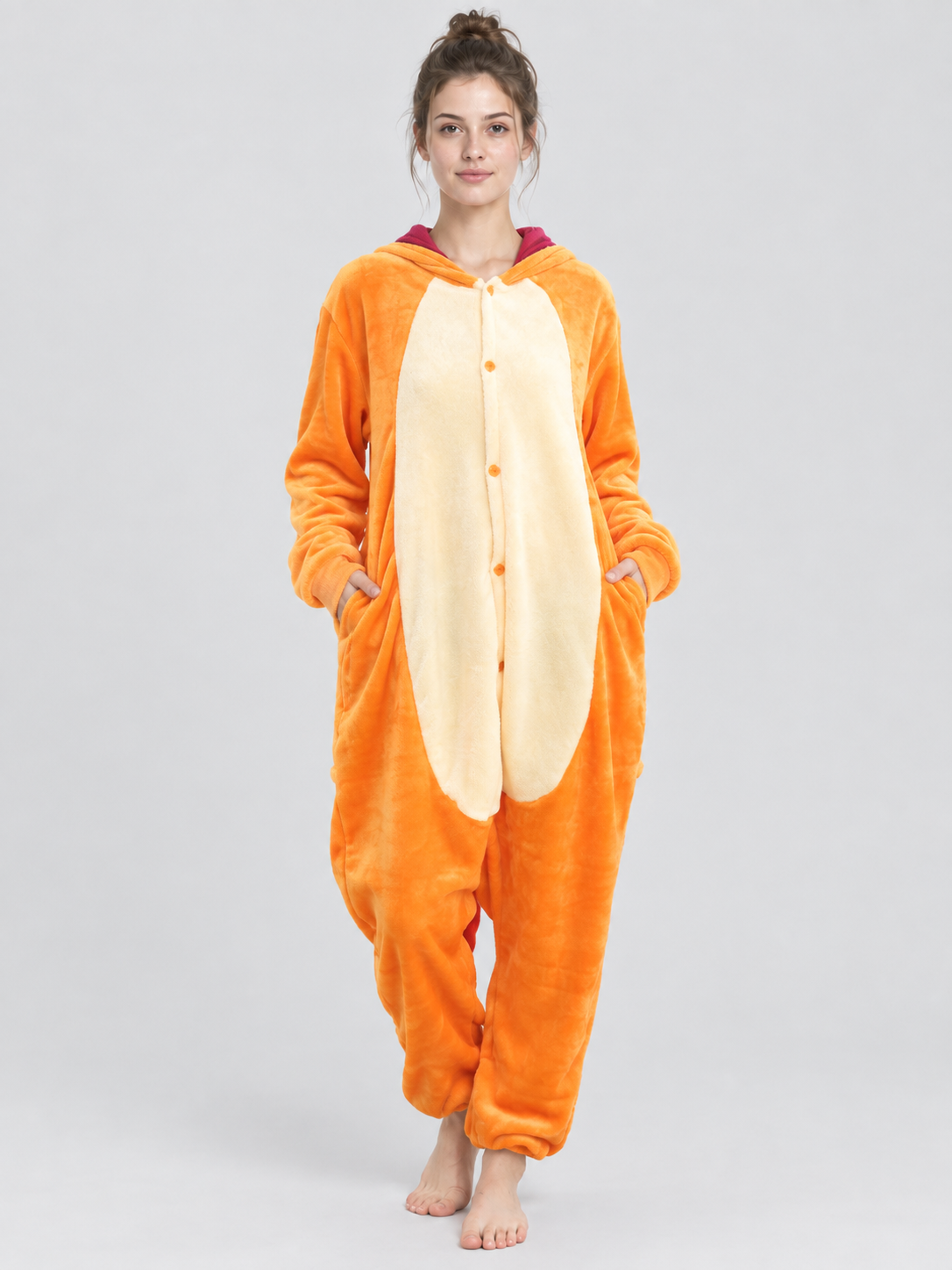 Orange Hooded Pajama Jumpsuit with Light-Colored Panel