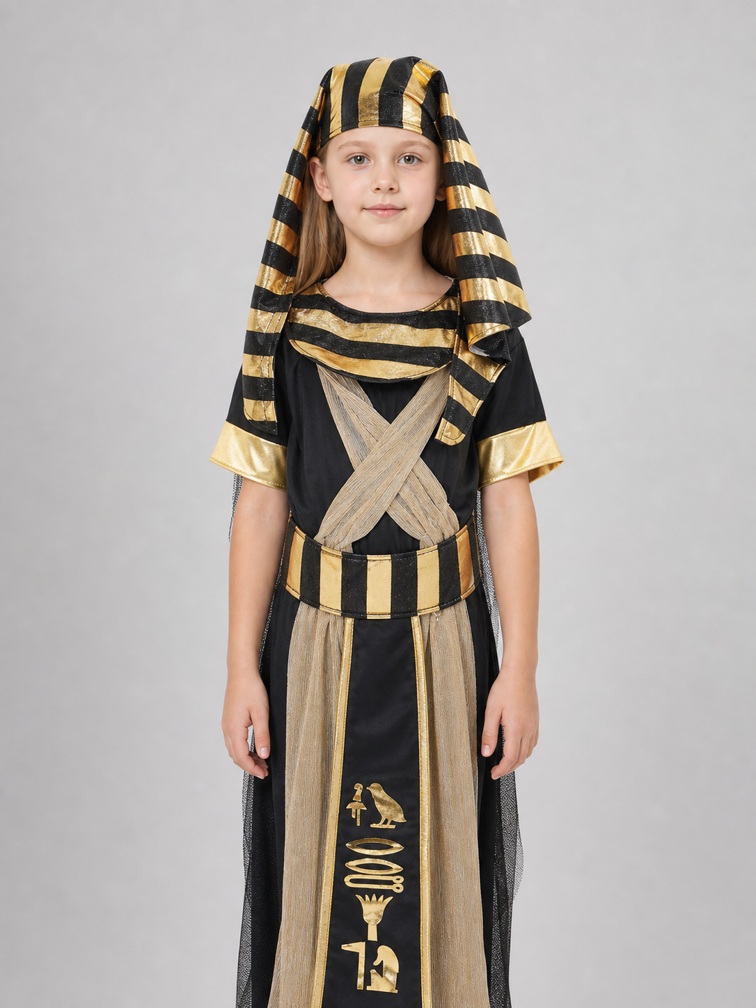 Adult Egyptian Pharaoh Costume Set, 4pcs Robe With Headdress Collar And Waist Belt, Black Gold Cosplay Outfit For Halloween Stage Performance