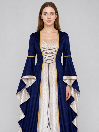 Gothic medieval-style dress made of textile fabric, featuring a floor-length design with a full skirt and flared sleeves. The sleeves are accented with tiered ruffles that emphasize the costume’s historical character. The main color is deep