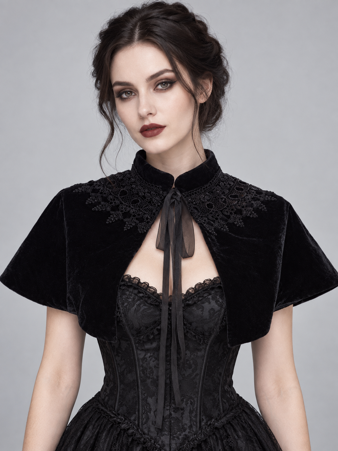 Black Velvet Short Capelet with Lace and Ties