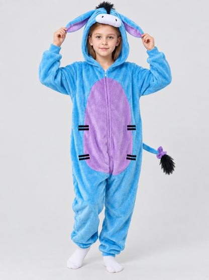 Blue Pajama Jumpsuit with Hood, Ears, and Tail