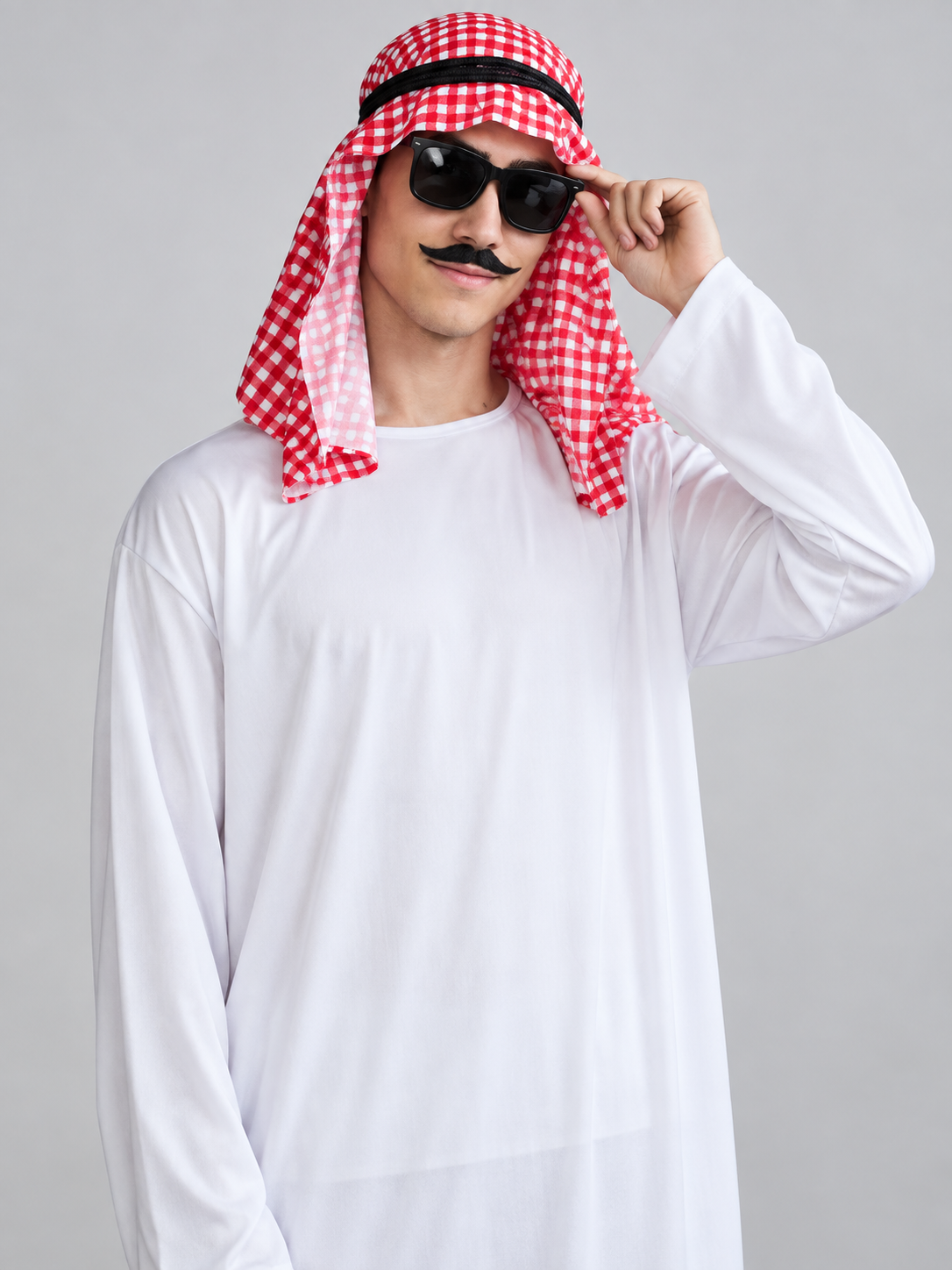 White carnival costume with plaid scarf and mustache
