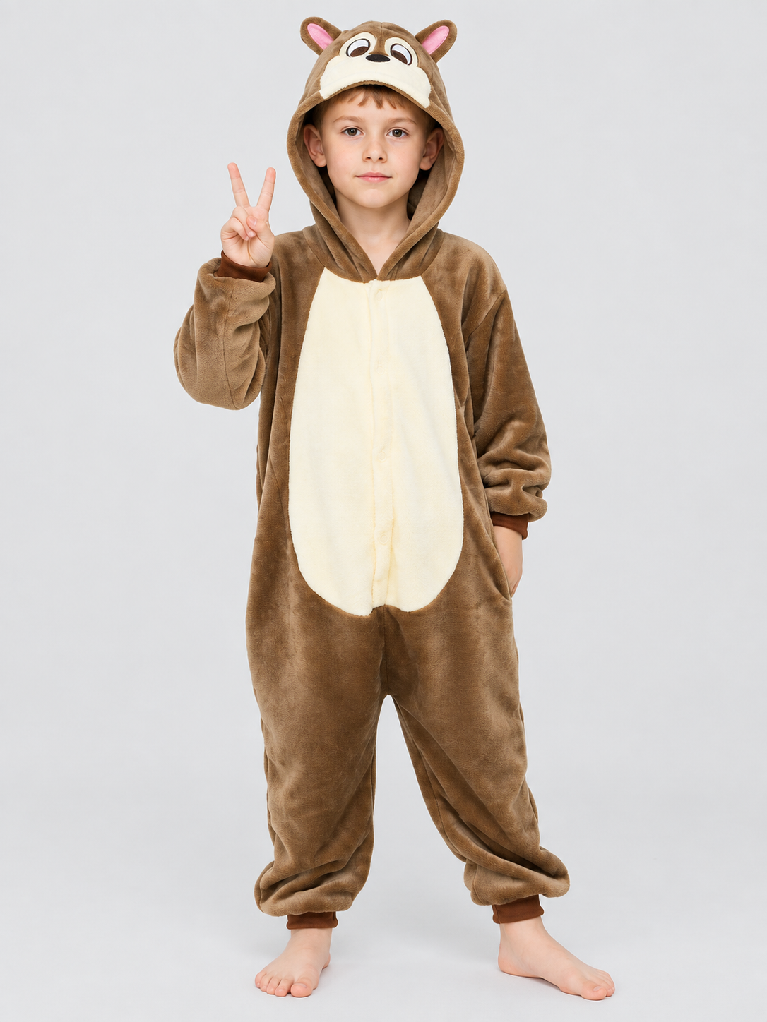 Brown hooded children's pajama jumpsuit with ears