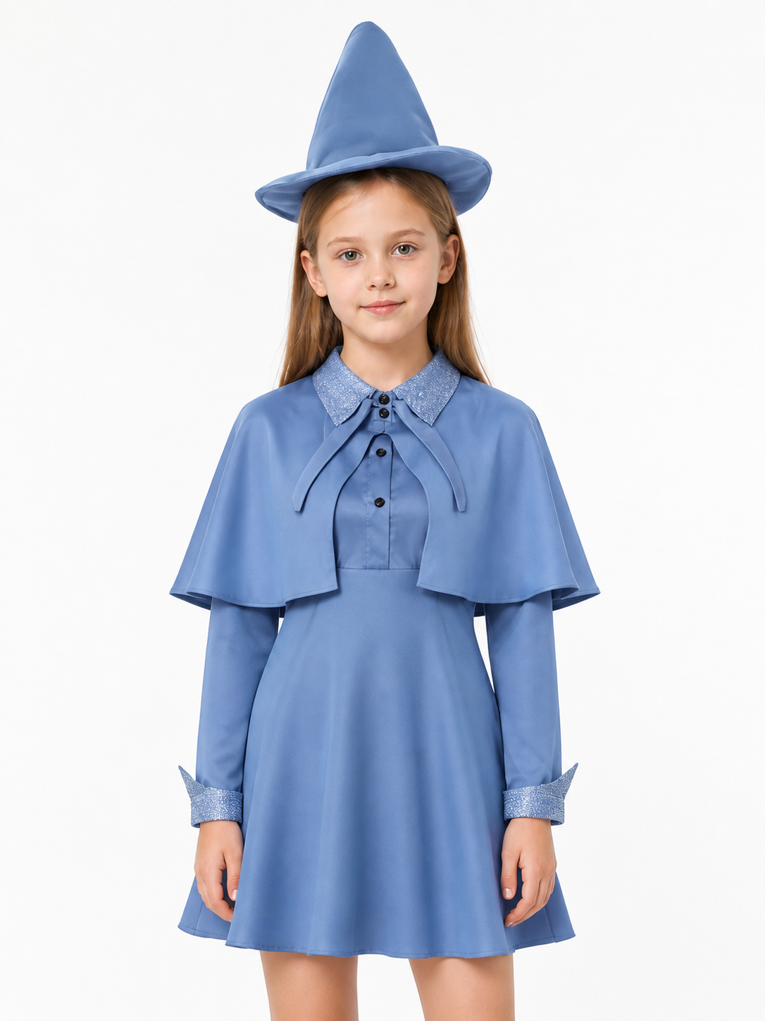 Blue witch costume upper body with textured collar and cape tabs