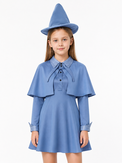 Blue witch costume upper body with textured collar and cape tabs