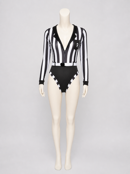 Black-and-White Striped Bodysuit with a Plunging Neckline product detail 2