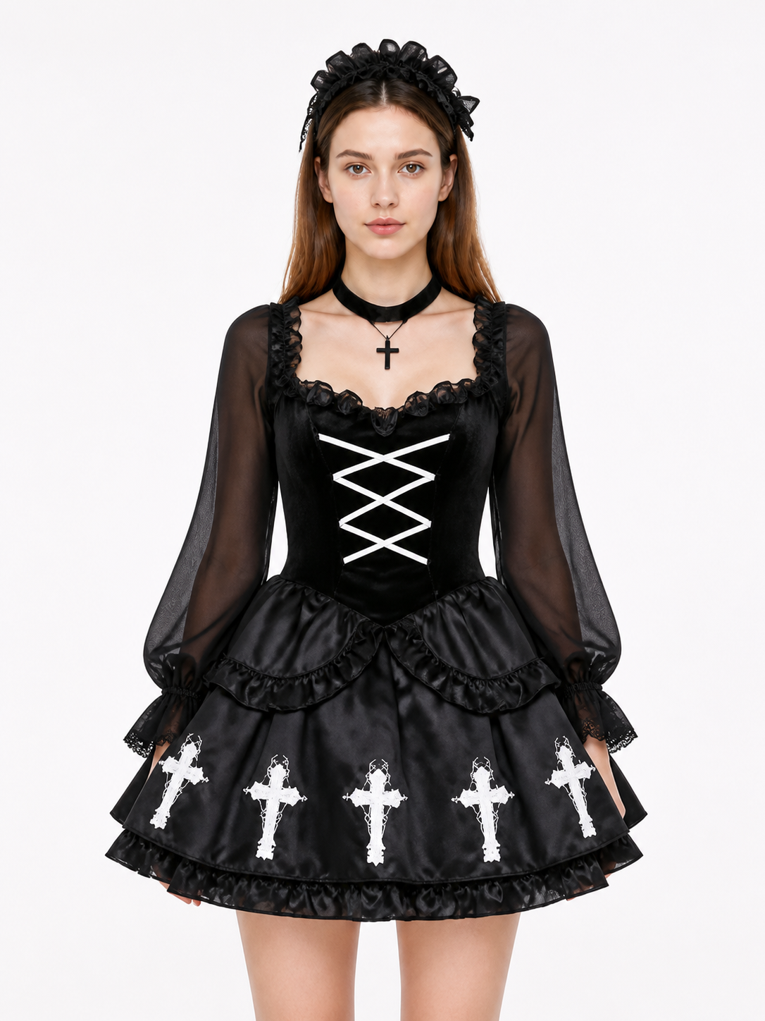 Gothic Dress with a White Cross and Layered Skirt Costume Dresses detail 3