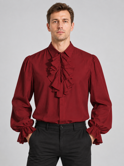 Red shirt with jabot, ruffles, and long sleeves