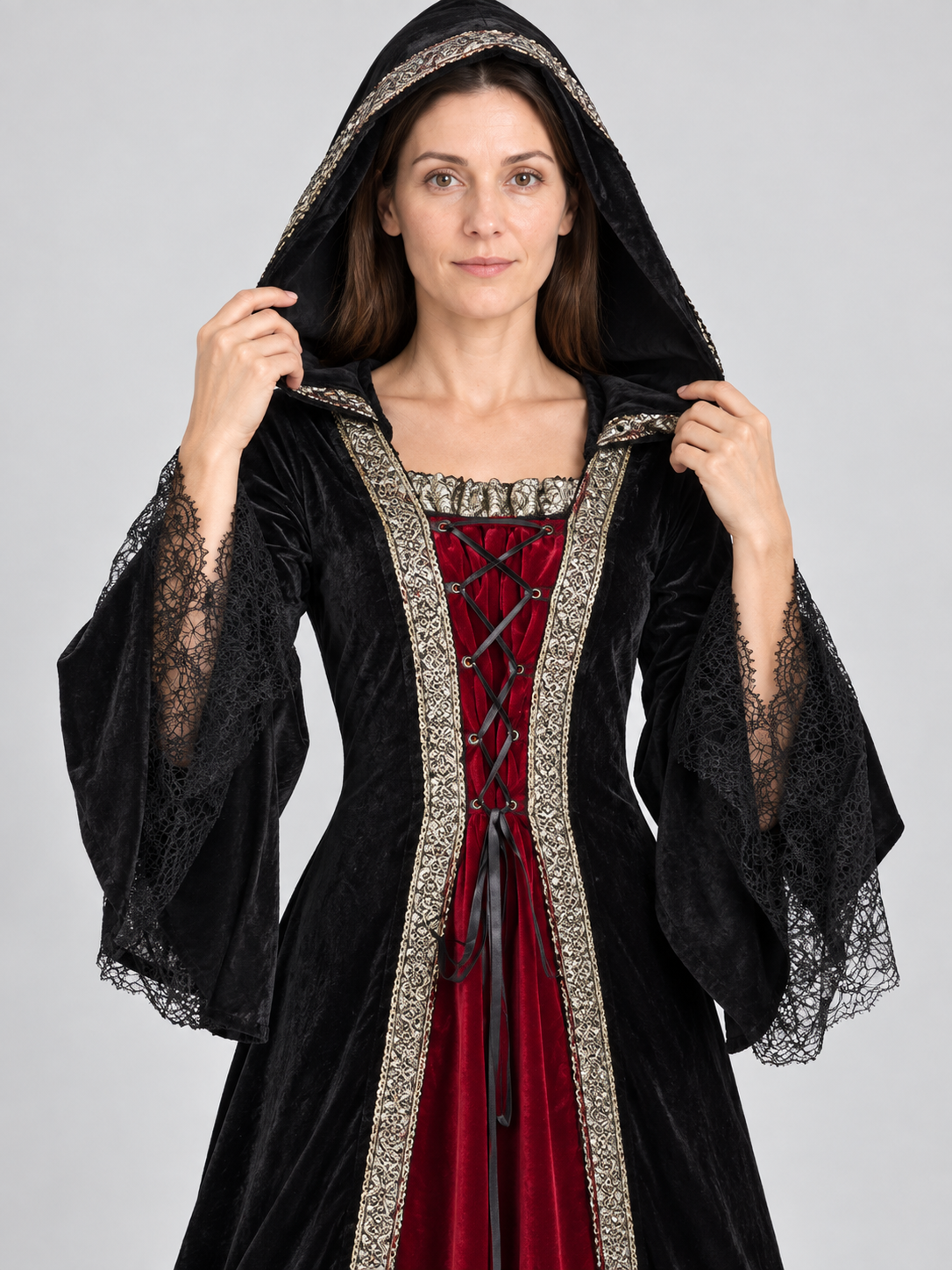 Witch Halloween Costume with Hood and Red Insert