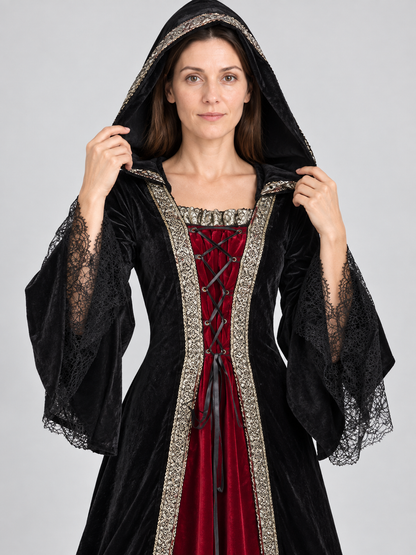 Witch Halloween Costume with Hood and Red Insert