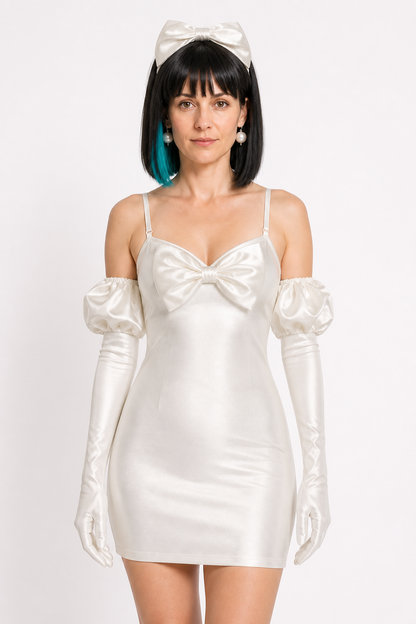 White Short Cosplay Dress with Bow and Wig Costume Dresses detail 3