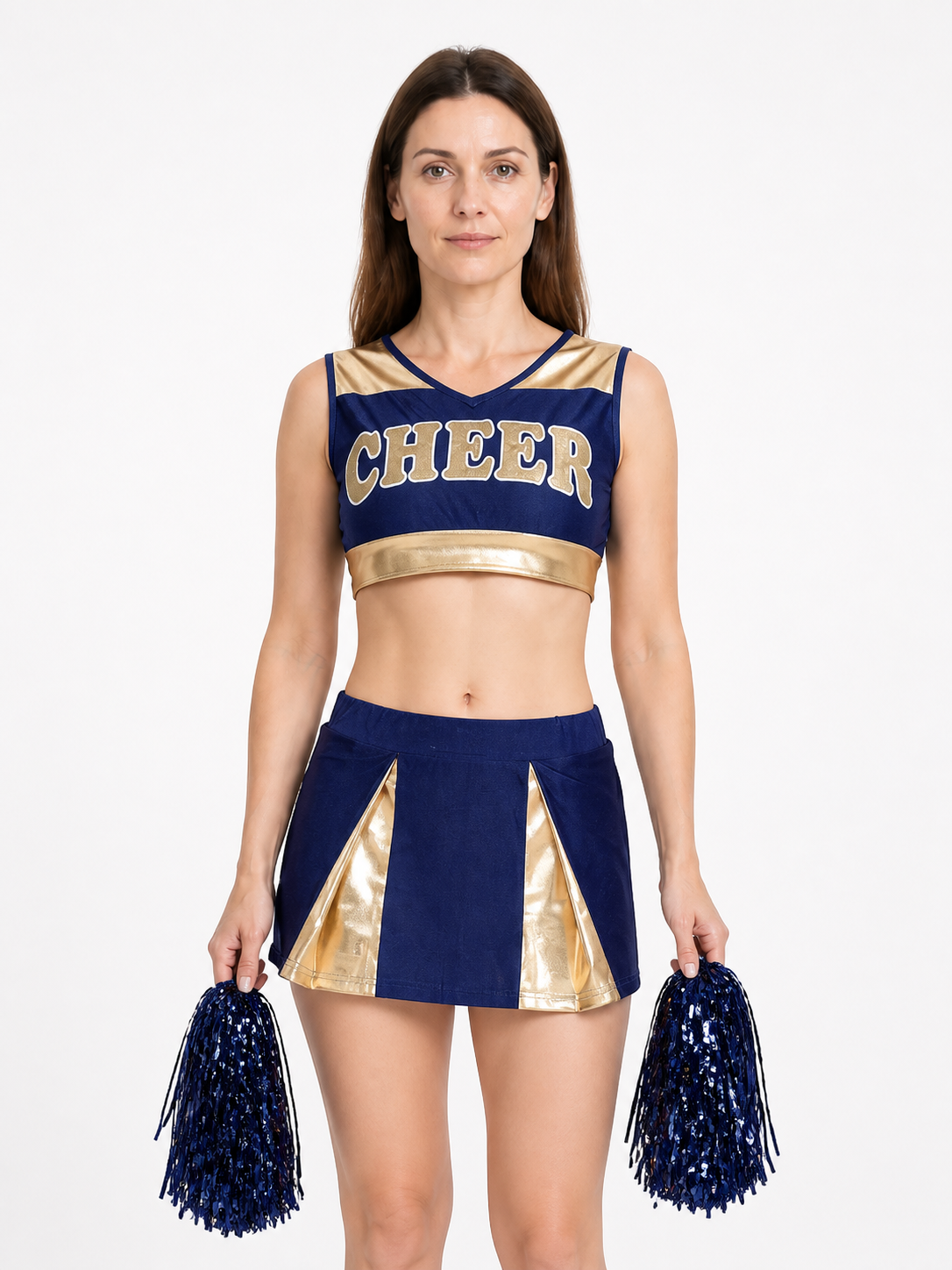 Cheerleading Uniform: Top and Skirt, Navy Blue with Gold Costumes detail 3