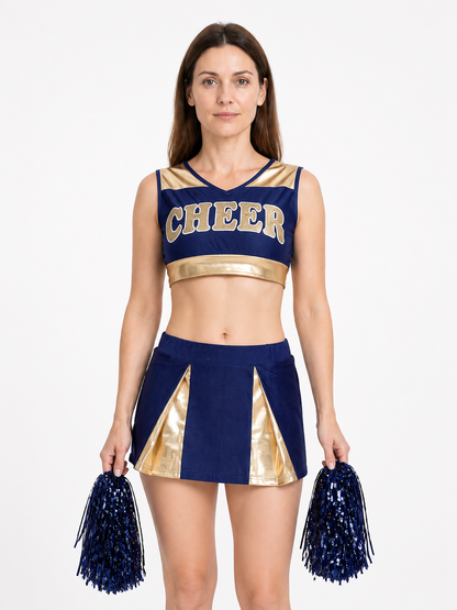 Cheerleading Uniform: Top and Skirt, Navy Blue with Gold Costumes detail 3