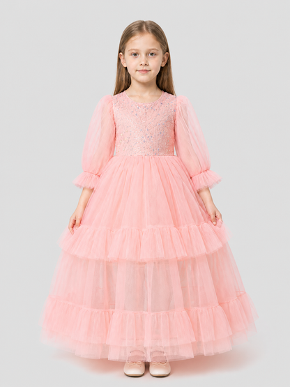 Pink Sequined Dress with a Full Skirt and Ruffles Costume Dresses detail 3