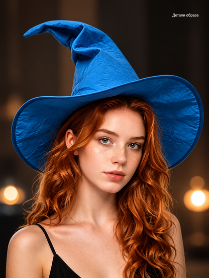Blue Halloween Witch Hat, Wide Brim Curved Pointed Cap with Black Chin Strap upper body view 2