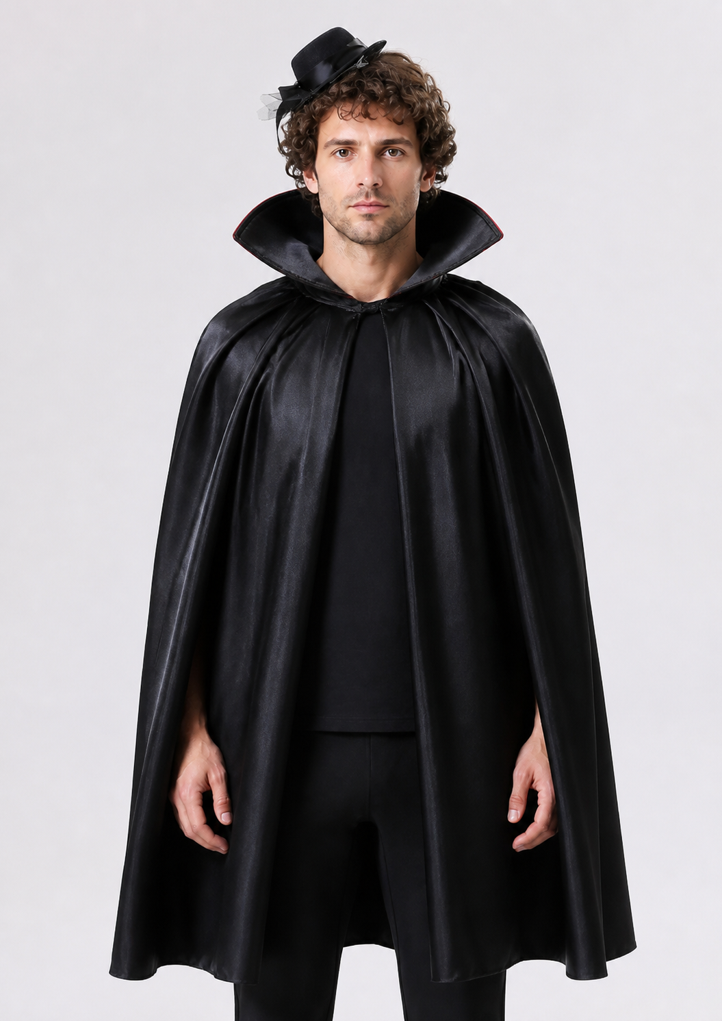 Black Costume Cape with Hood and Red Trim Costume Capes detail 3