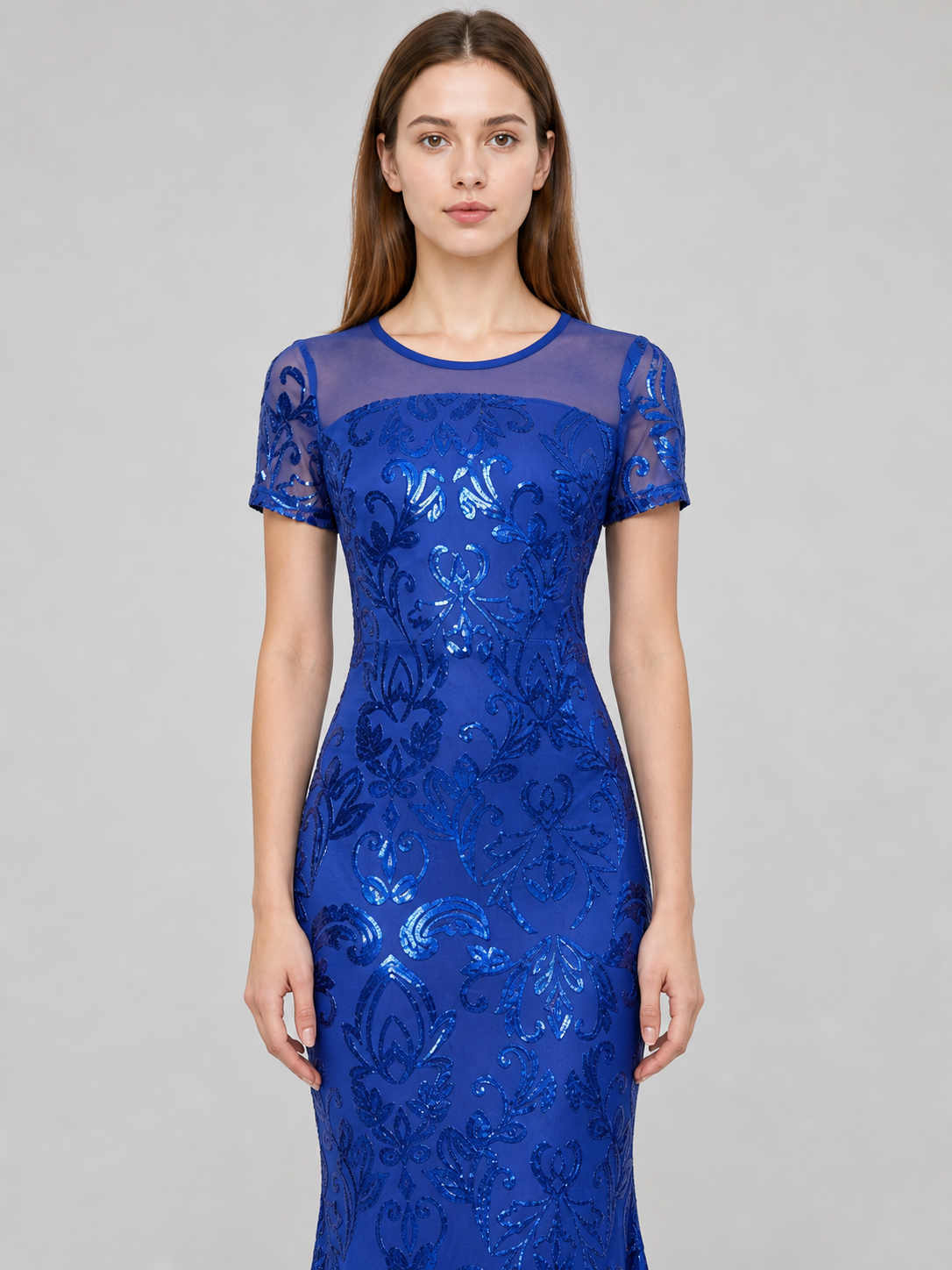 Blue evening dress with floral pattern and sequins