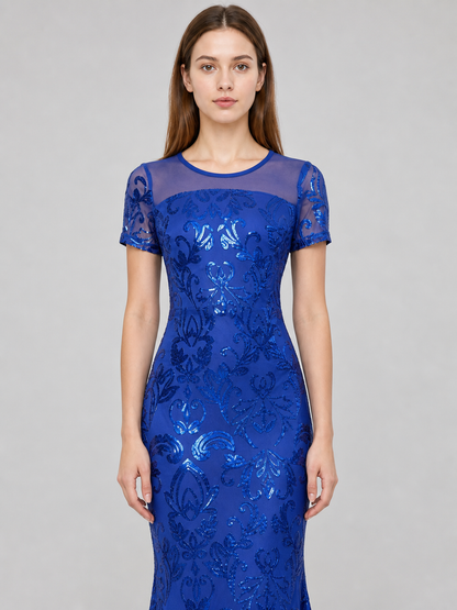 Blue evening dress with floral pattern and sequins