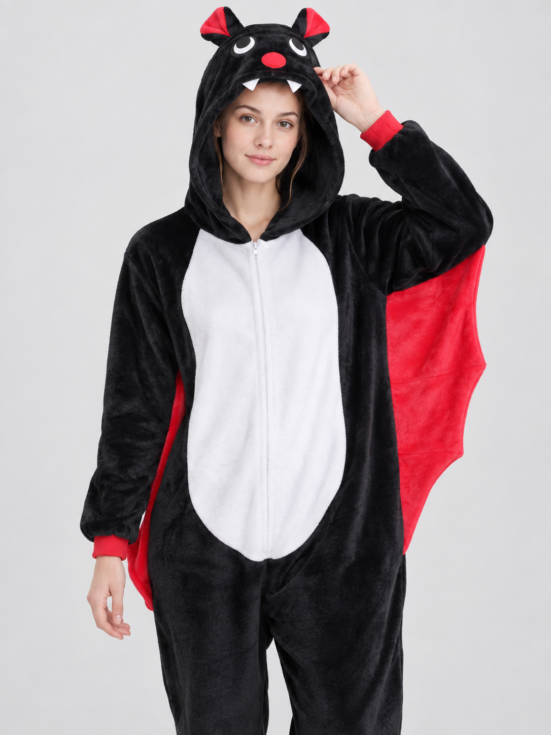 Black Hooded Pajama Jumpsuit with Appliqués