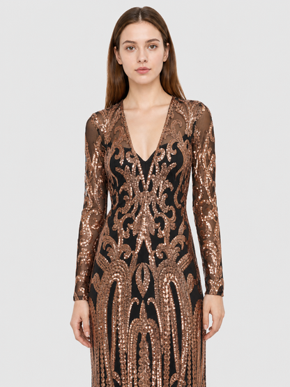 Long Sequin Dress with Sheer Sleeves