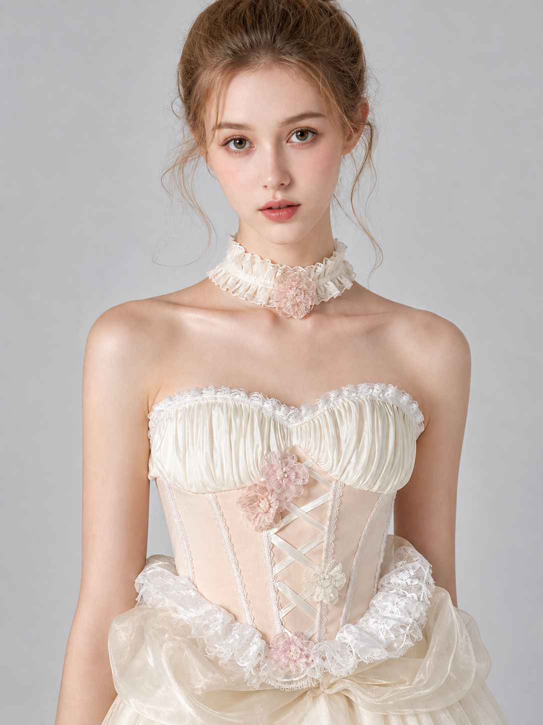 Cosplay Dress with Corset, Train, and Flowers