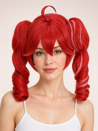 Red cosplay wig with pink strands Costume Wigs detail 2