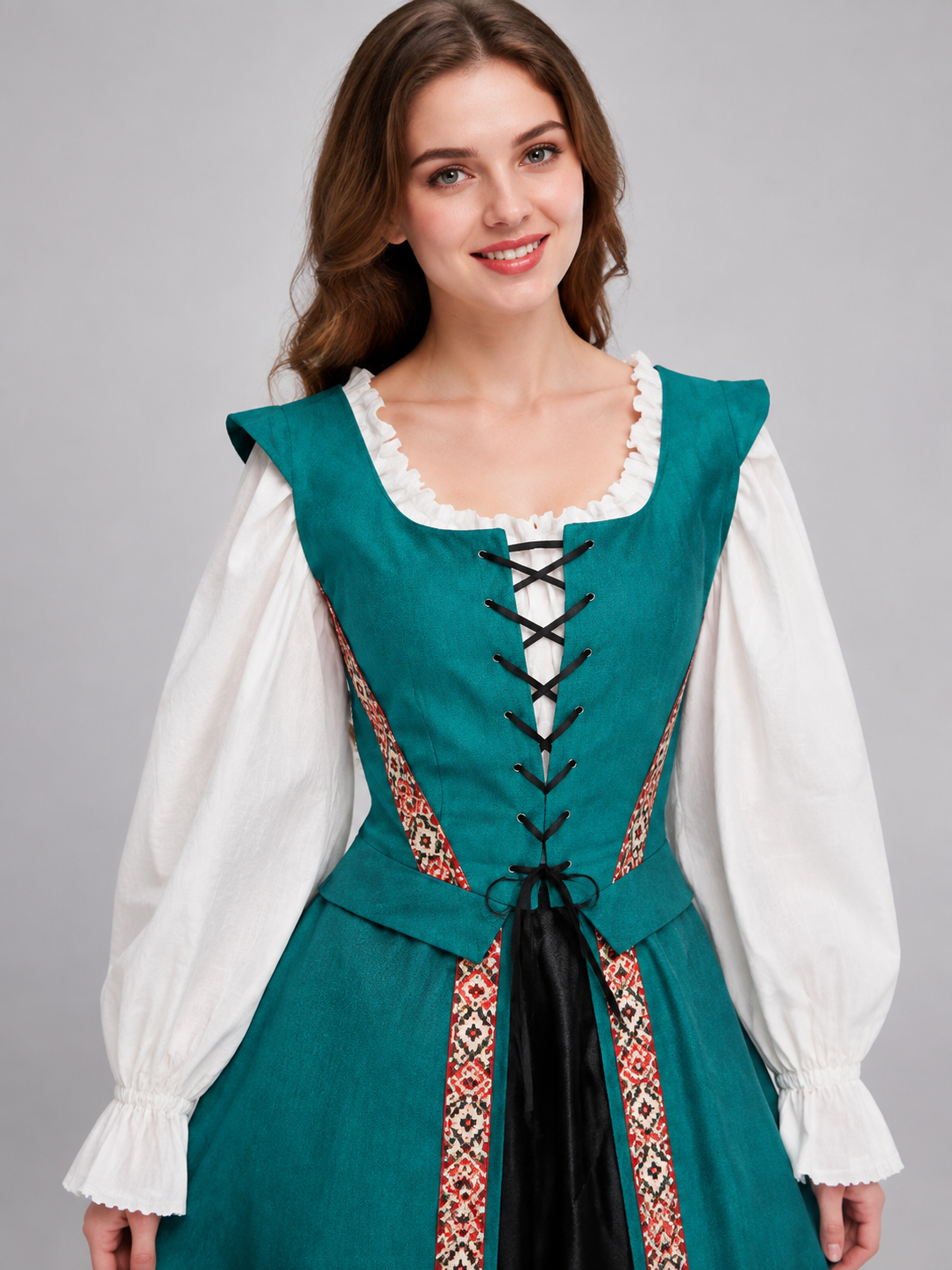 Turquoise Renaissance Dress with Puff Sleeves Costume Dresses detail 2