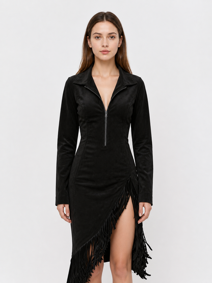 Black Fitted Dress with Long Sleeves and Fringe