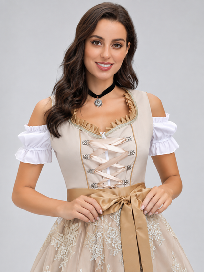 Khaki Bavarian-Style Dress with Lace and Bow