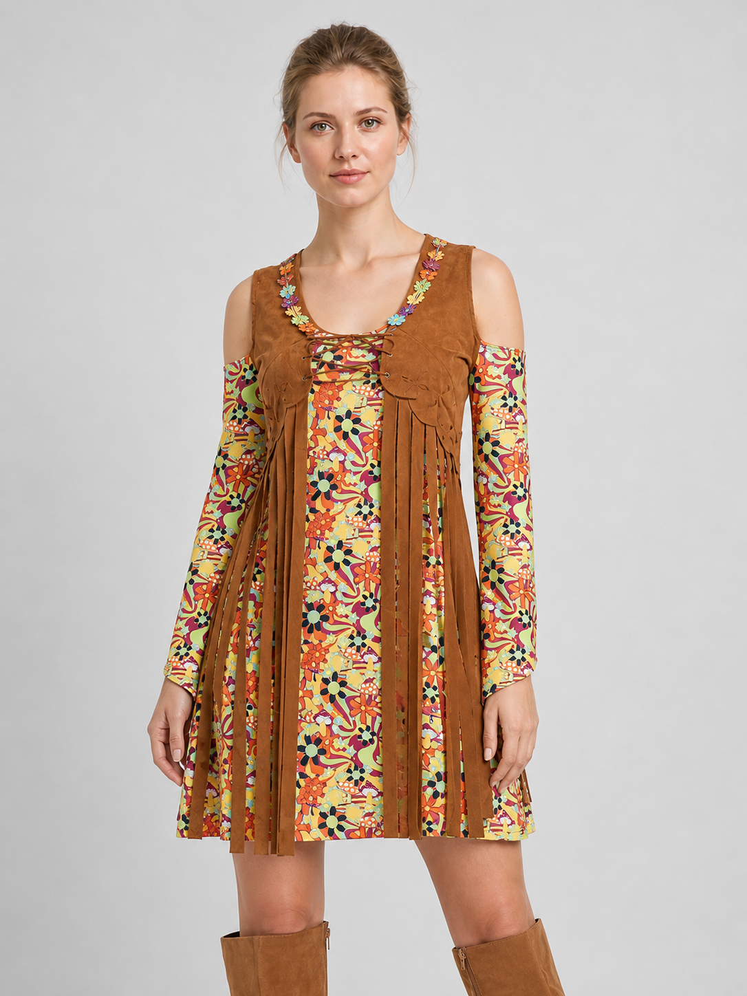 Retro Hippie Fringe Floral Print Dress Costume Dresses detail 2