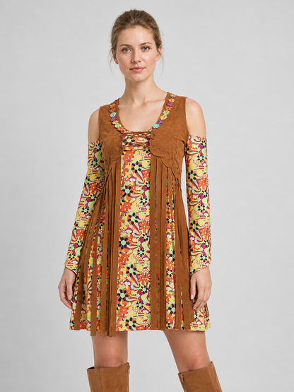 Retro Hippie Fringe Floral Print Dress Costume Dresses detail 2
