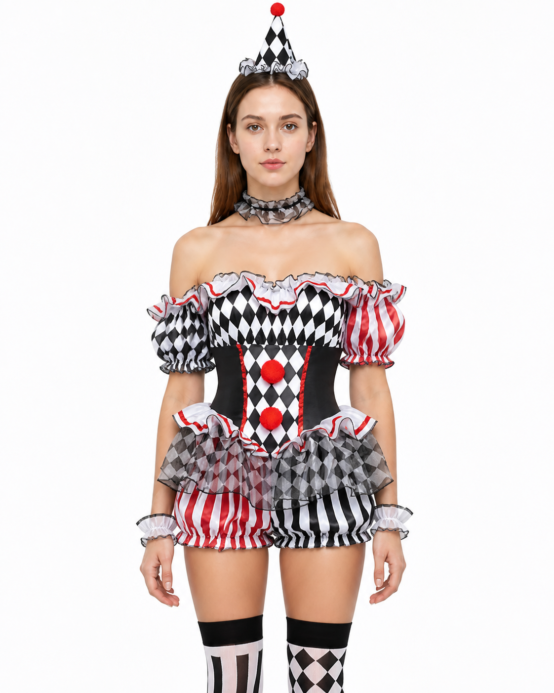 Red, White, and Black Ruffled Clown Costume for Halloween Costumes detail 2