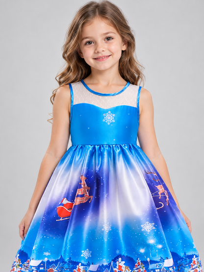 Blue Girls' Christmas Dress with Christmas Print