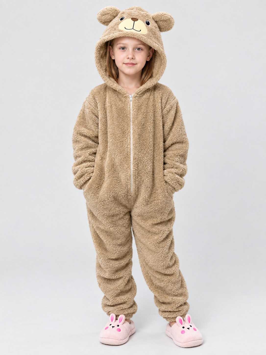 Flannel Bear Pajama Jumpsuit, Light Beige