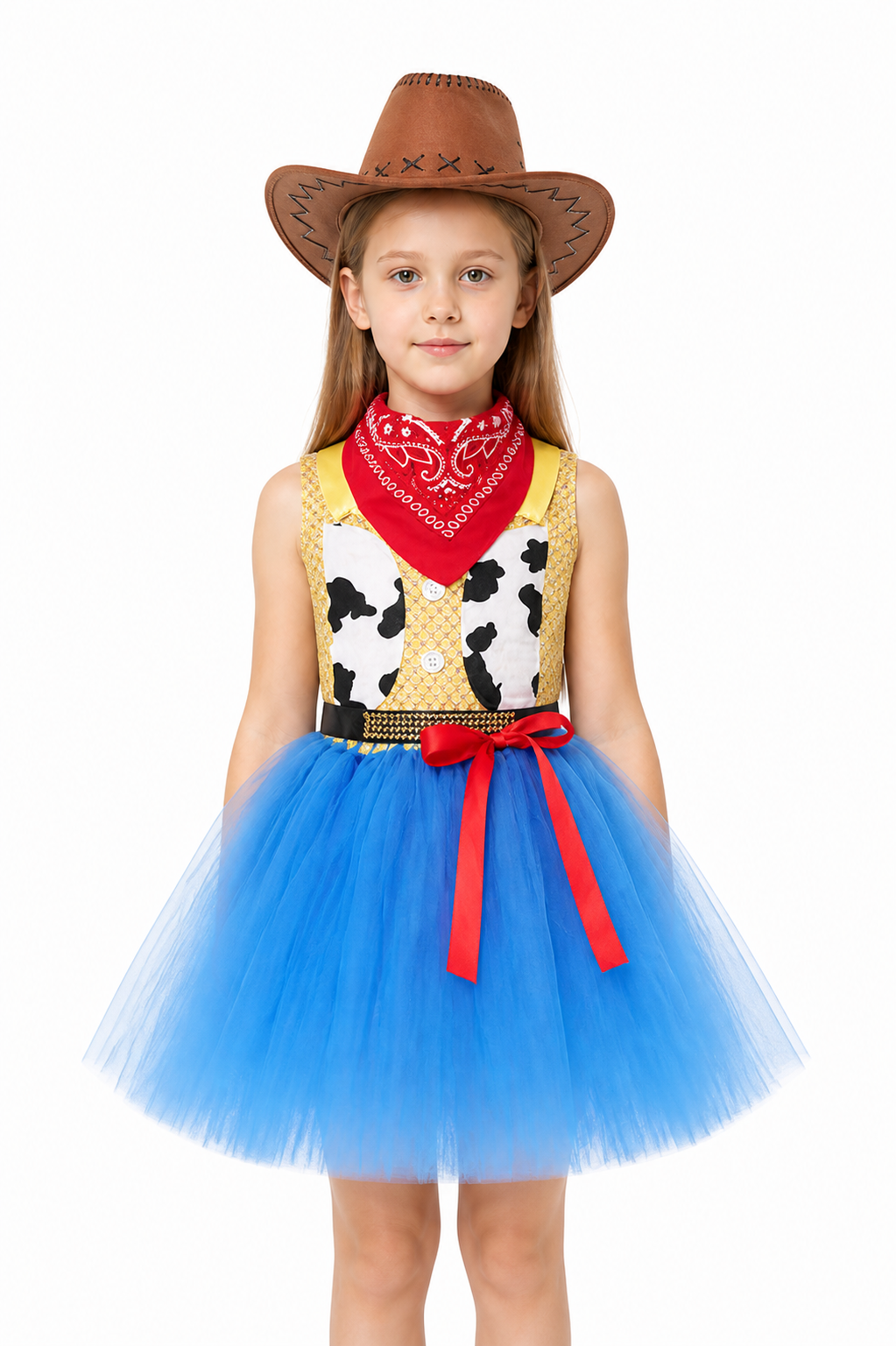 Children’s cowgirl costume with a tutu skirt, hat, and neckerchief